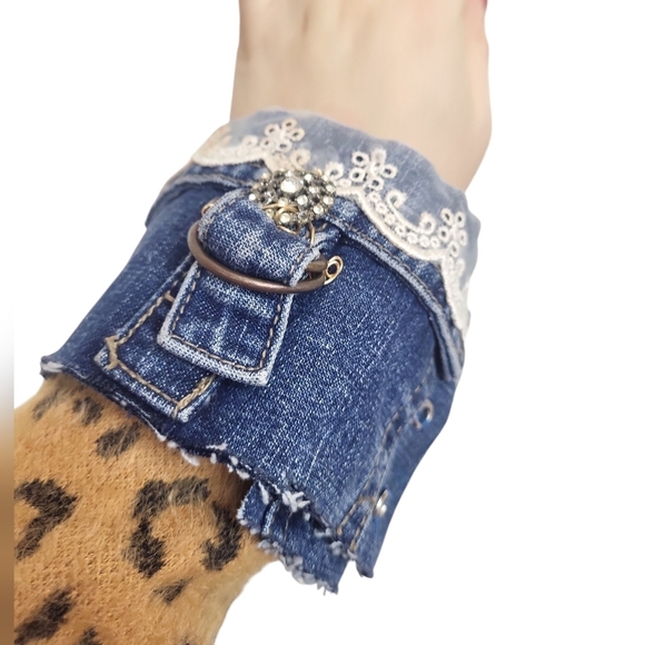 Hand Crafted Jewelry - Denim Vintage Floral Scalloped Lace Crystal Button Cuff Bracelet